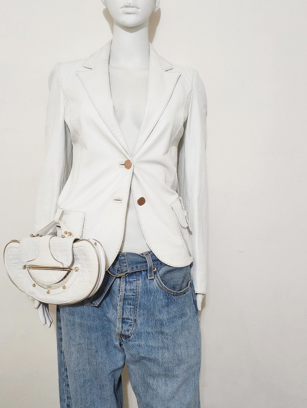 Fendi White Leather Selleria Tailored Blazer with Gold Buttons And Matching Bag